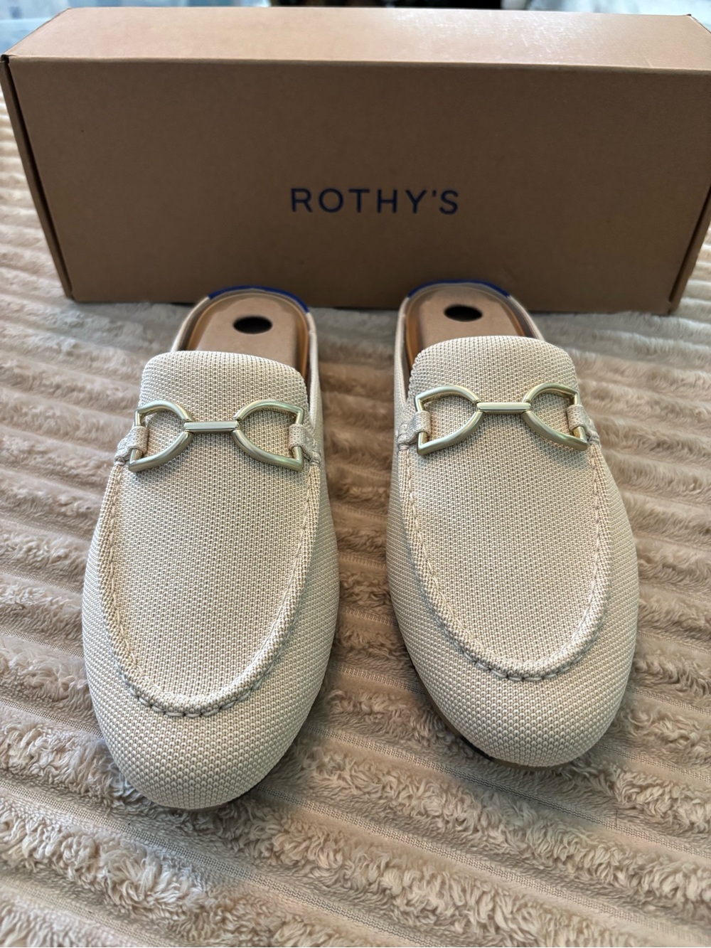 Rothy's Cream Knit Slip-On Mules with Silver Horsebit